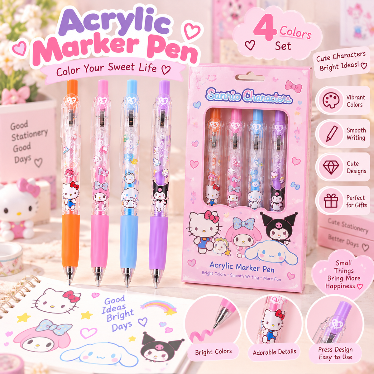 Sanrio Characters Acrylic Marker Pens – 4 Color Set